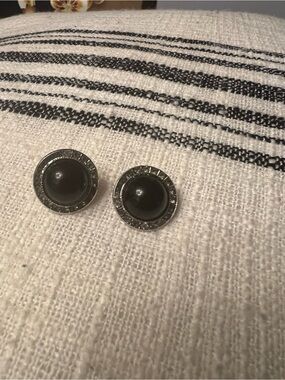 Round Black Cabochon Silver-Tone Clip Earrings
